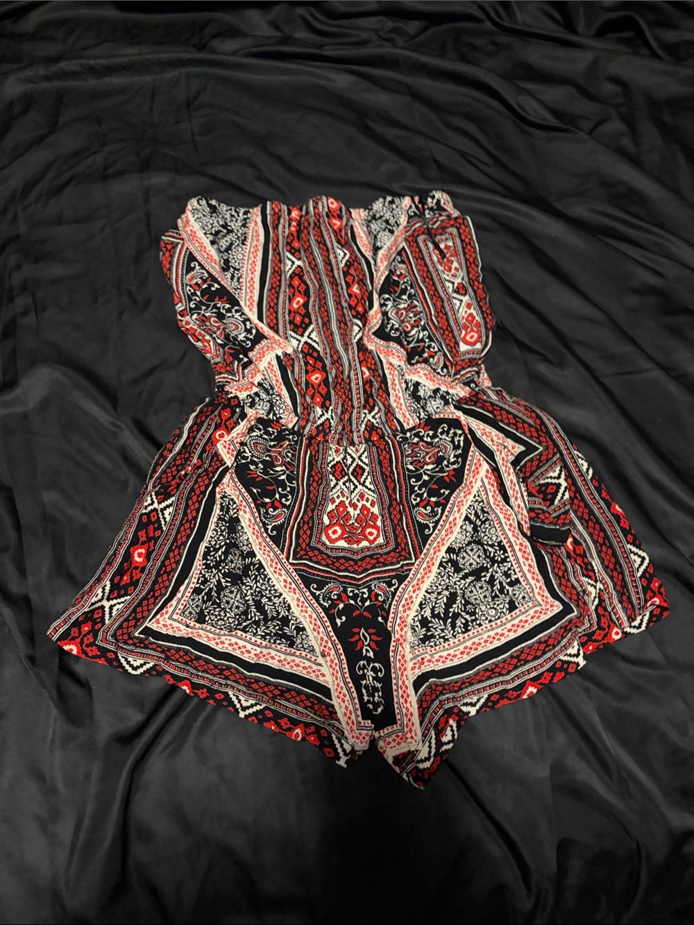 Angie Strapless Romper in Red, Black & Cream Paisley Print
